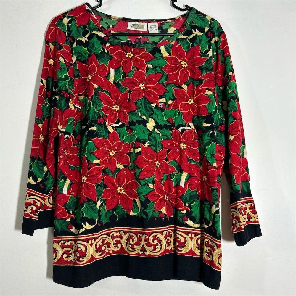 Collections ETC Women's Christmas Poinsettia Sequin Top Size M‎ Cotton Blouse